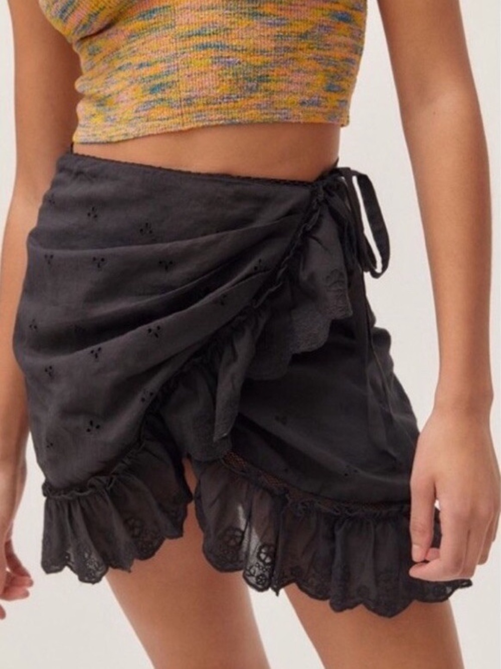 Urban Outfitters Black Eyelet Cotton Ruffle Wrap Mini Skirt Size S